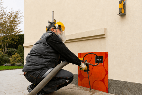operario de Uretek realizando una intervención para la consolidación del terreno de cimentación con inyecciones de resina