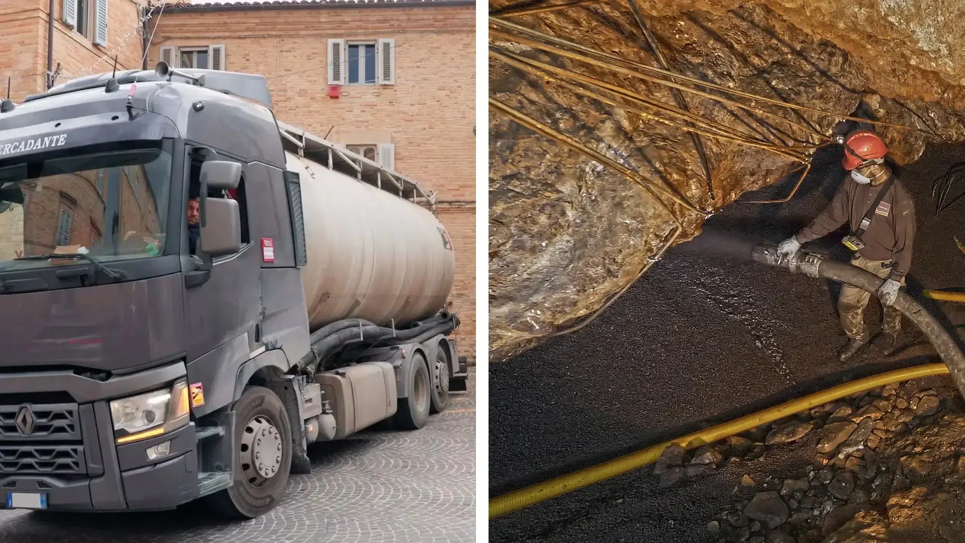 Llegada del camión con la arcilla expandida y relleno de la cavidad