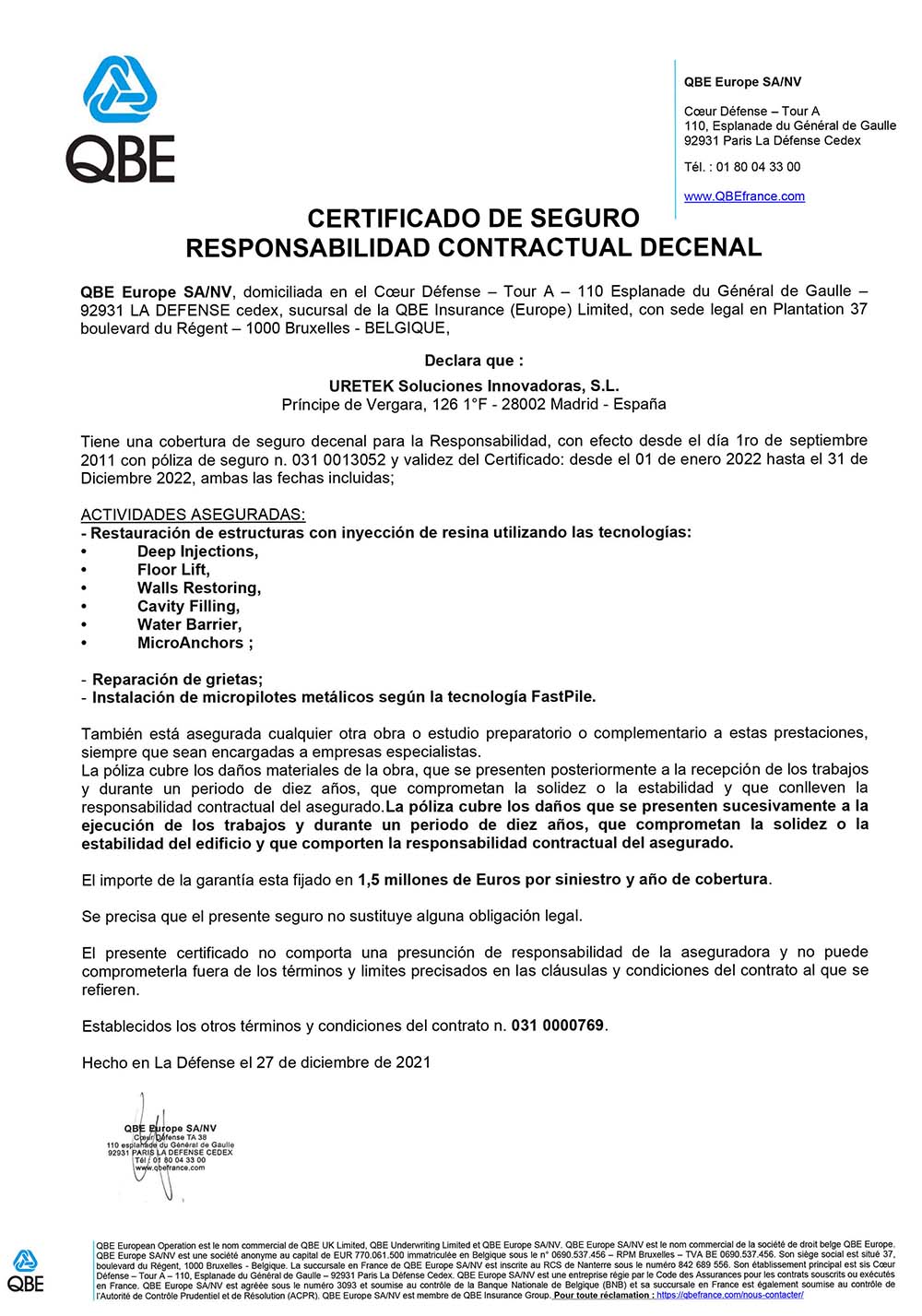 Certificado garantía decenal QBE